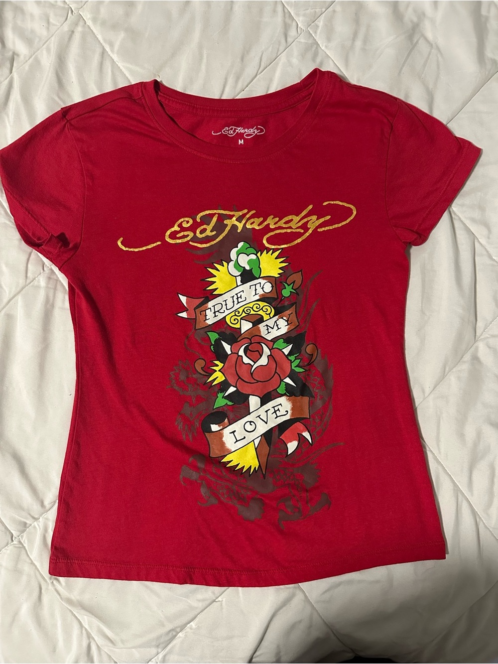 Ed Hardy Red Short-Sleeve Tee with Tattoo Rose Graphic